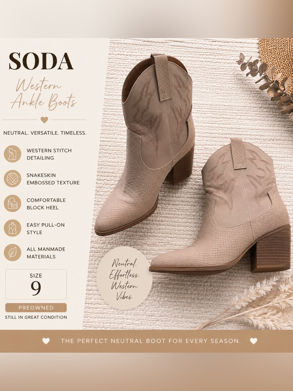 Soda Nude Snakeskin Western Ankle Boots Block Heel Boho Cowboy 9